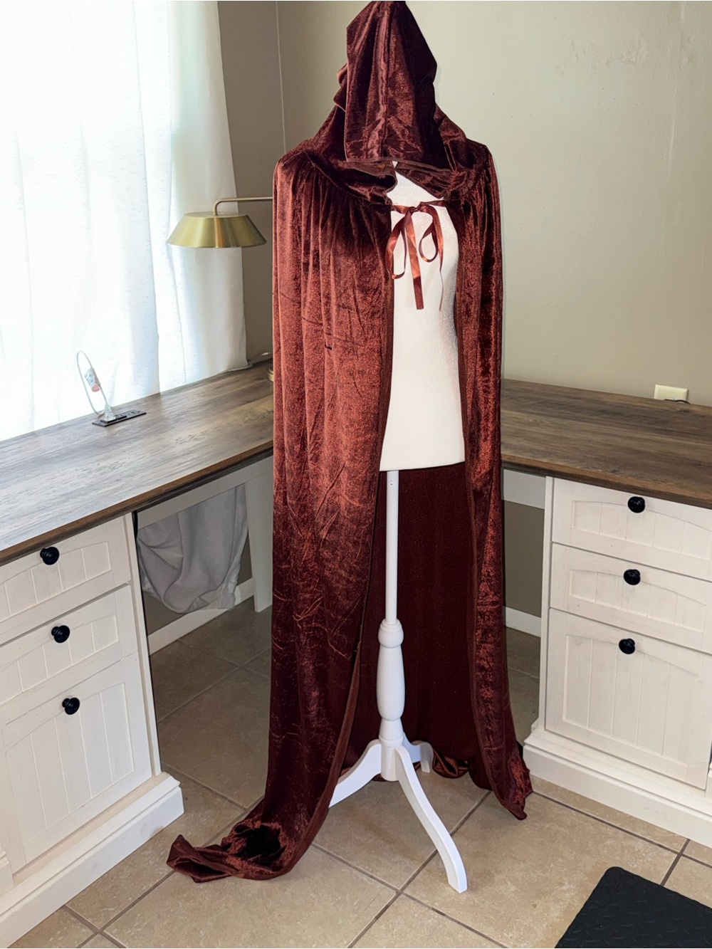Hooded Velvet Cape Coat - Rust Brown
